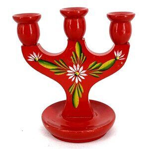 Sweden Candlestick Flower Design Scandinavian Wood Hand Painted 4" Tall